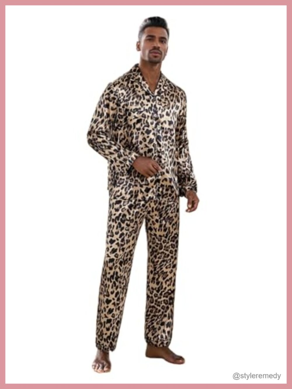 Men's Satin Leopard Print 2 Piece Pajama Set Button Down Long Sleeve